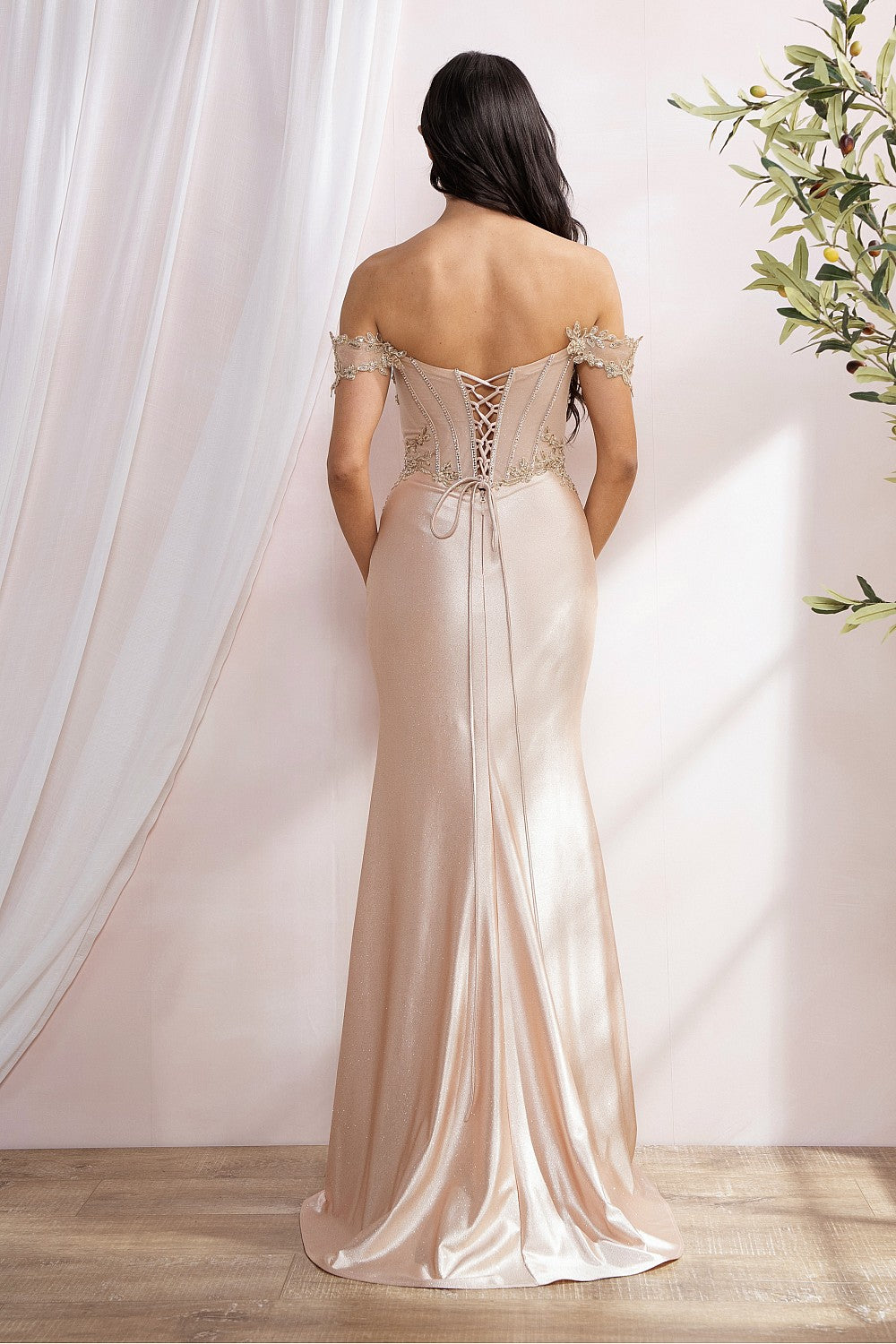 Off Shoulder Lace Back Applique Beaded Dress