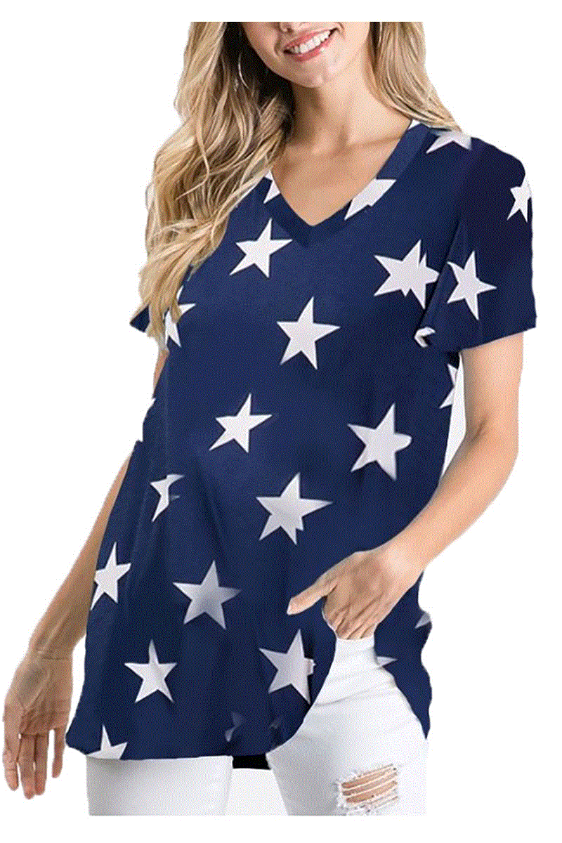 Short Sleeve V-Neck Star Print Top