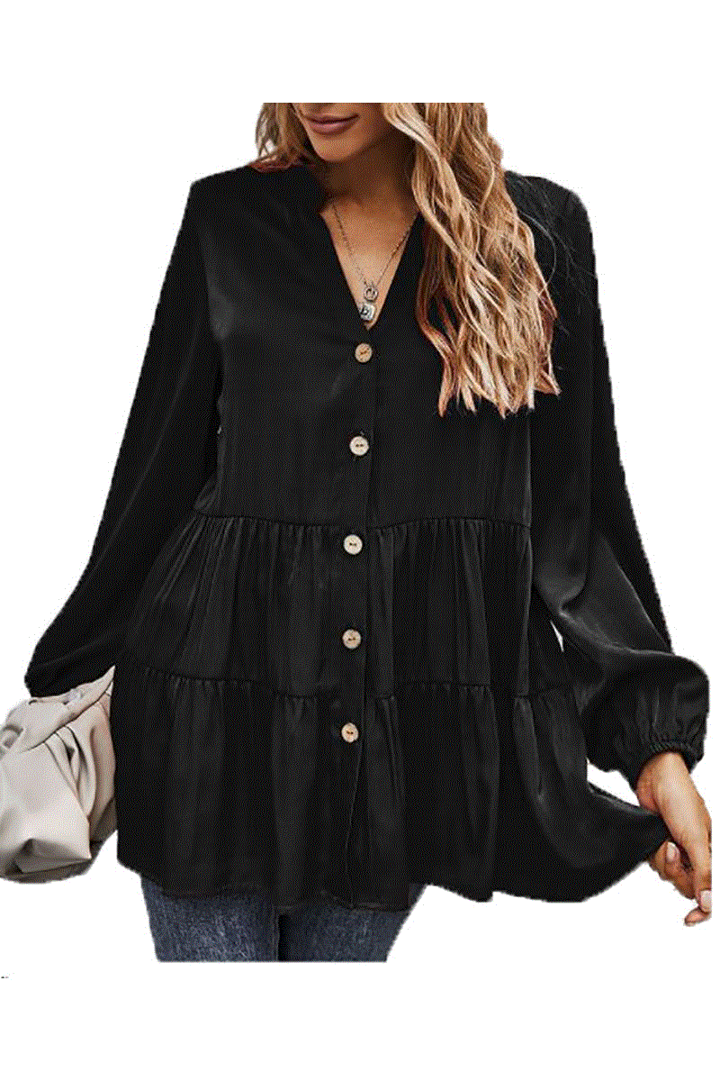 Button Down Long Sleeve Ruffled Blouse
