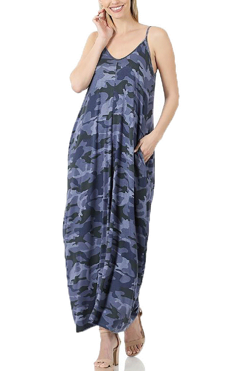 Camouflaged Cami Maxi Dress with Pockets
