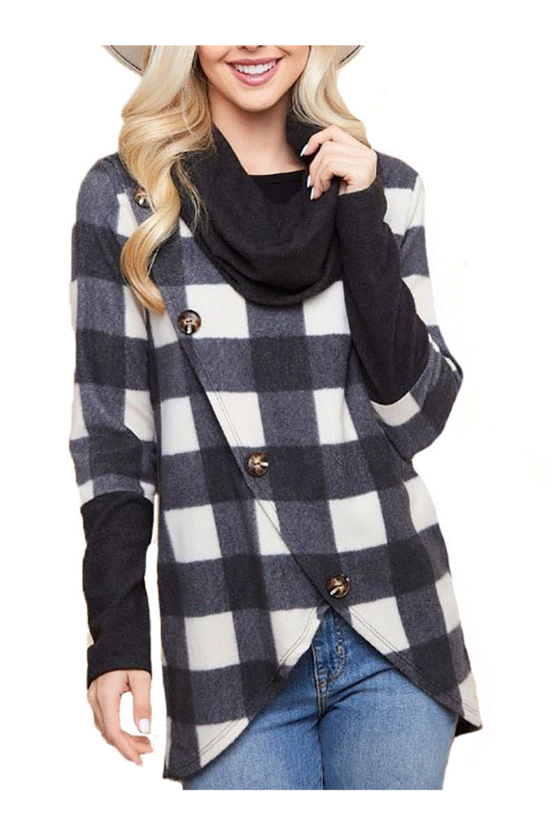 Checkered Plaid Asymmetric Buttoned Long Sleeve Top