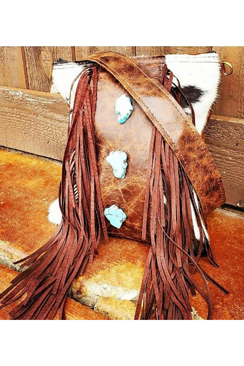 Crossbody Handbag w/ Fringe & Turquoise Slabs