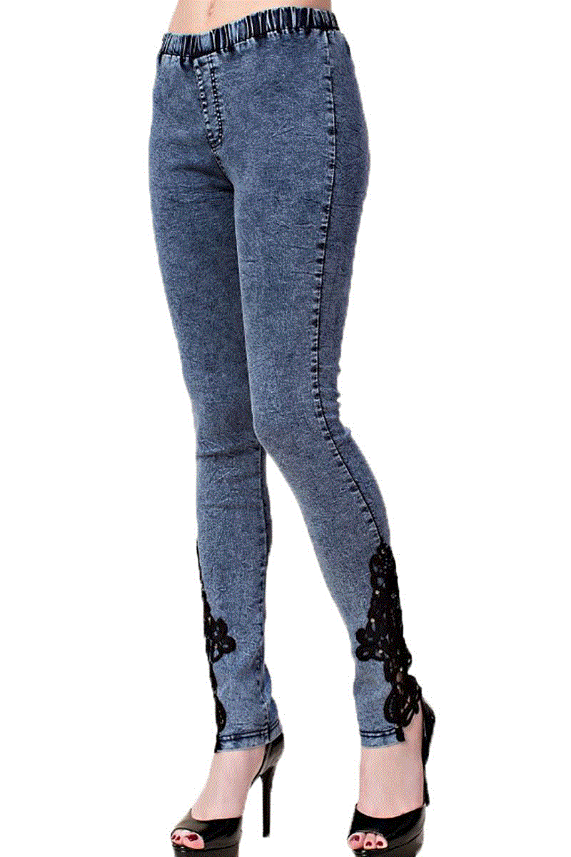 Denim Leggings with Lace & Stone Detail