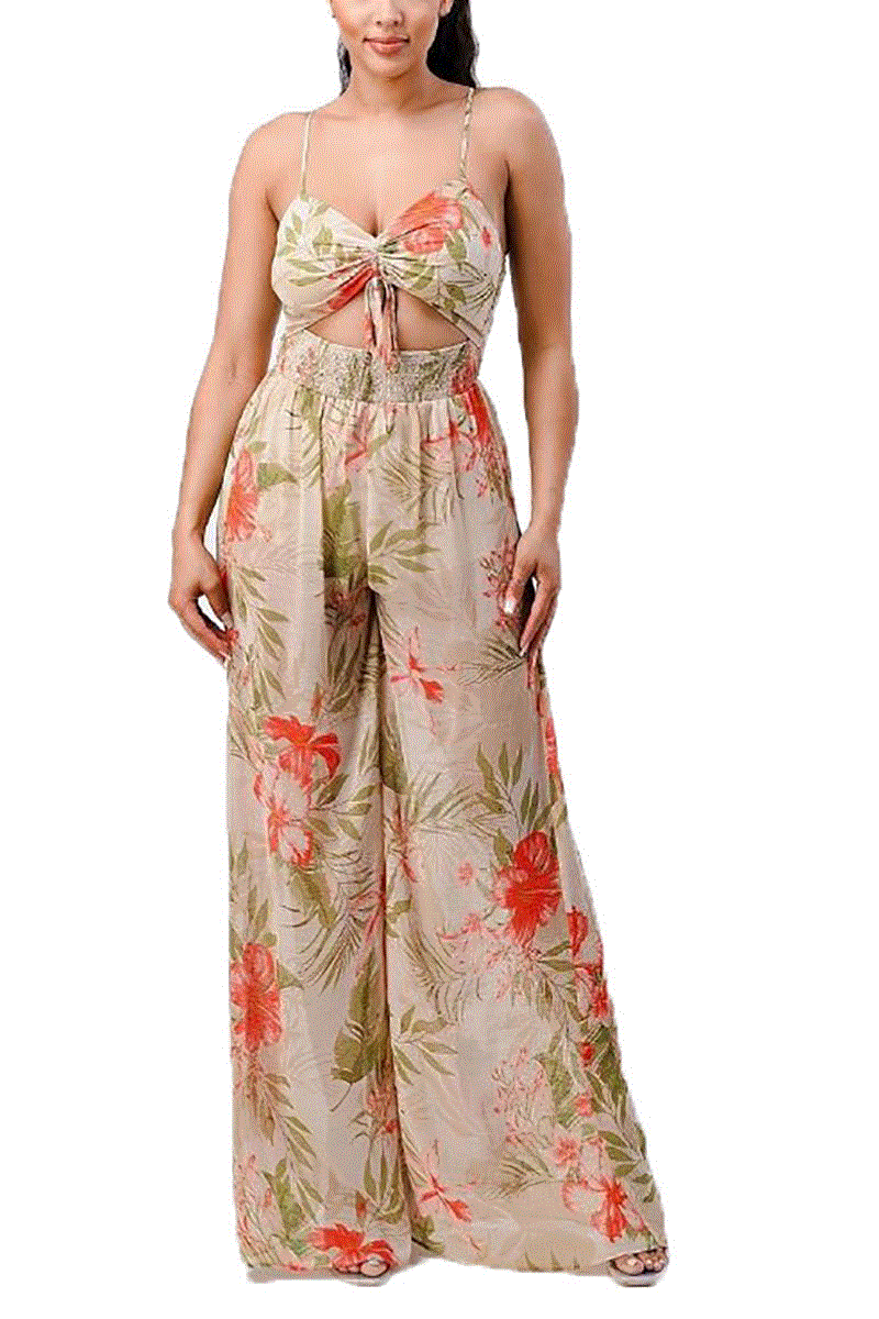 Woven Floral Wide Leg Jumpsuit with Keyhole