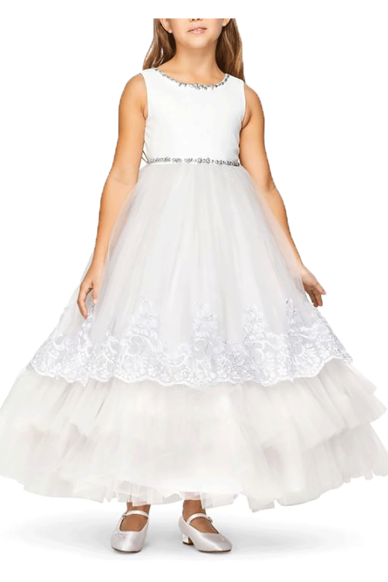 Shiny Metallic Silver Trim Flower Girl Dress