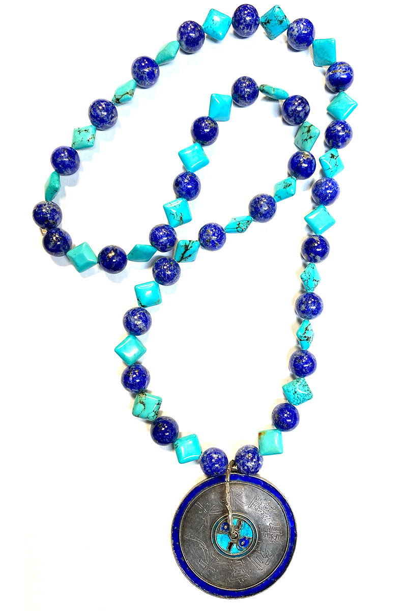 Turquoise & lapis Necklace with Ancient Chinese Coin