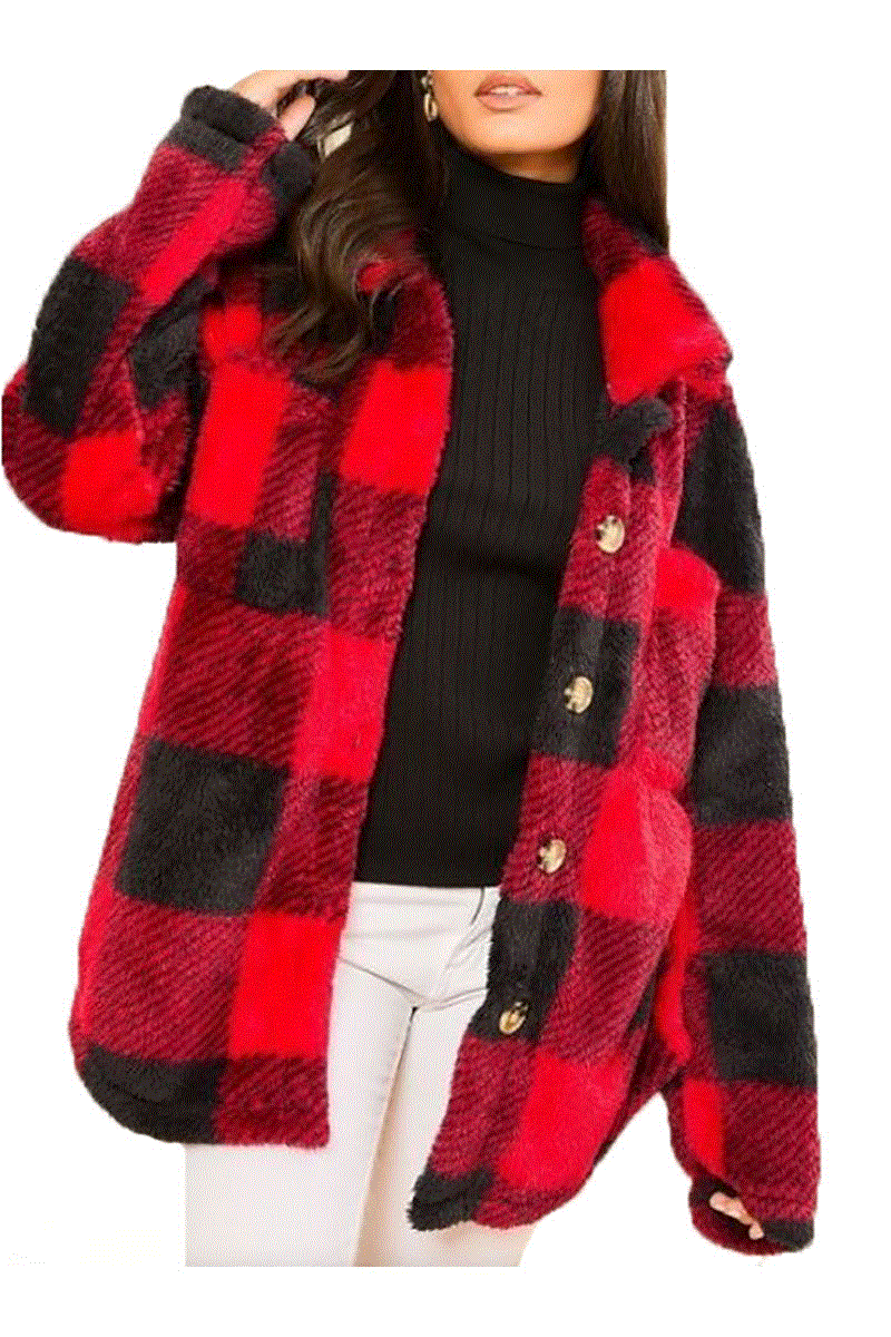 Collar Neck Pocket Button Down Plaid Fur Jacket