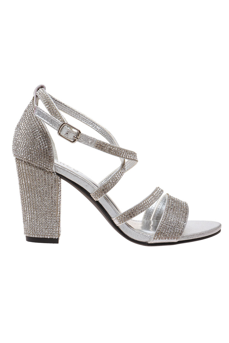 Rhinestone Ankle Strap Chunky Heel Sandals