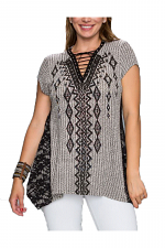 Plus Size Aztec Print Top with Lace & Stone