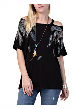Cut-Out Cold Shoulder Short Sleeve Top with Feathers