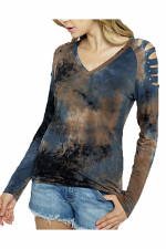 Tie Dye Laser Cut Long Sleeve Top with Stone Detail