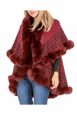 Greek Meander Patterned Double Layered Faux Fur Trim Poncho