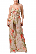 Woven Floral Wide Leg Jumpsuit with Keyhole