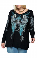 Long Sleeve Plus Size Top with Print & Stones