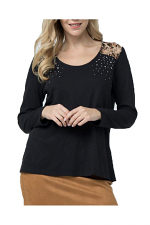 Long Sleeve Top with Animal Lace Contrast & Stone