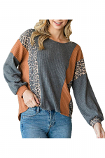 Color Block Long Sleeve Top with Leopard Detail